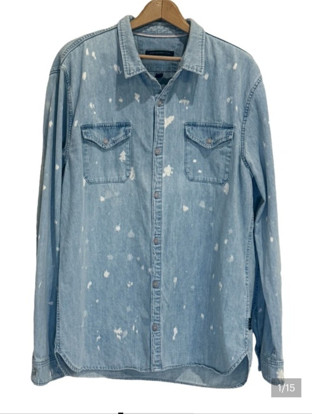 John Varvatos USA Bleached Distressed Denim Shirt XXL Blue Light Wash